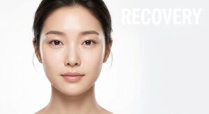 East Asian female model with healthy, radiant under-eye skin representing recovery and care.