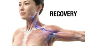 East Asian female model showcasing healthy, defined shoulder contours