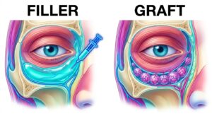 Comparison diagram showing hyaluronic acid filler injection vs fat grafting in the periorbital area