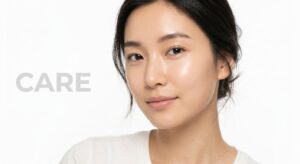 Serene East Asian female model with healthy radiant skin around the eyes representing recovery.