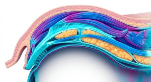 3D medical illustration of the upper eyelid anatomy showing the orbital septum and fat pads

