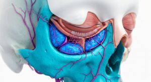 3D medical illustration of the human infraorbital region and tear trough anatomy